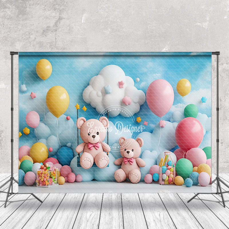 Aperturee - Aperturee Blue Sky Cloud Balloons Bears Cake Smash Backdrop