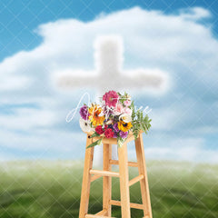 Aperturee - Aperturee Blue Sky Cloud Grass White Cross Easter Backdrop