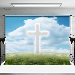 Aperturee - Aperturee Blue Sky Cloud Grass White Cross Easter Backdrop