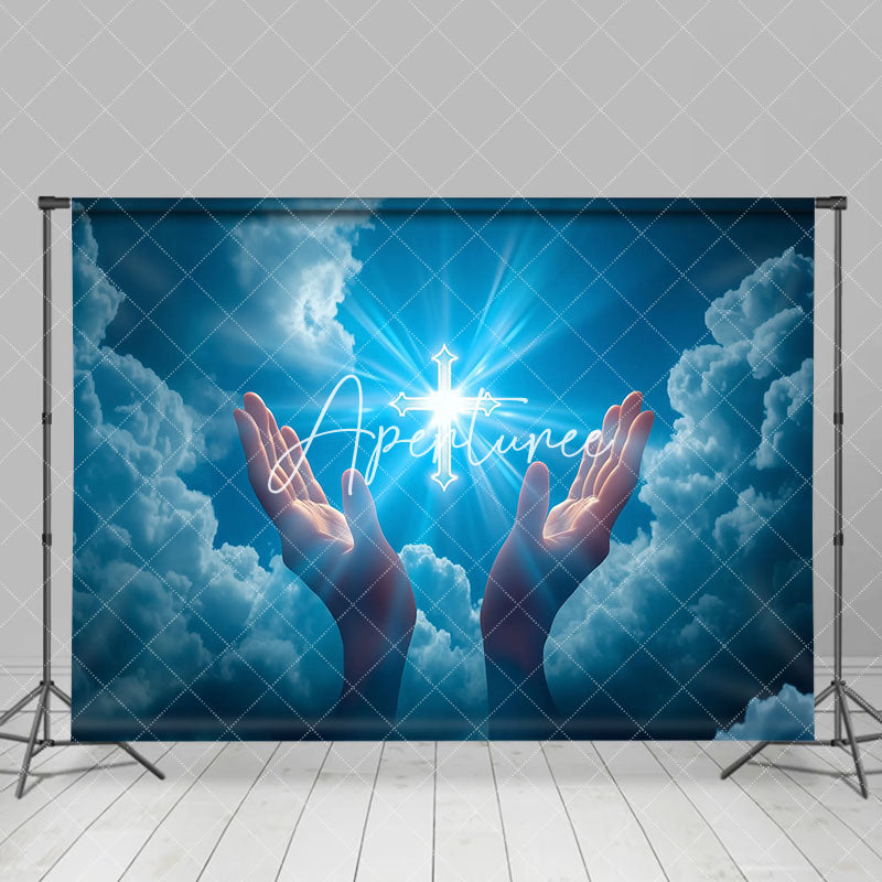 Aperturee - Aperturee Blue Sky Cloud Lighted Cross Hand Easter Backdrop