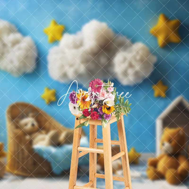 Aperturee - Aperturee Blue Sky Cloud Starry Night Bear Cake Smash Backdrop