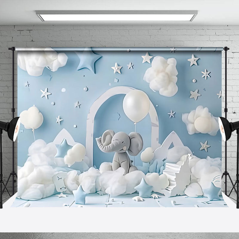 Aperturee - Aperturee Blue Sky Cloud Stars Elephant Cake Smash Backdrop