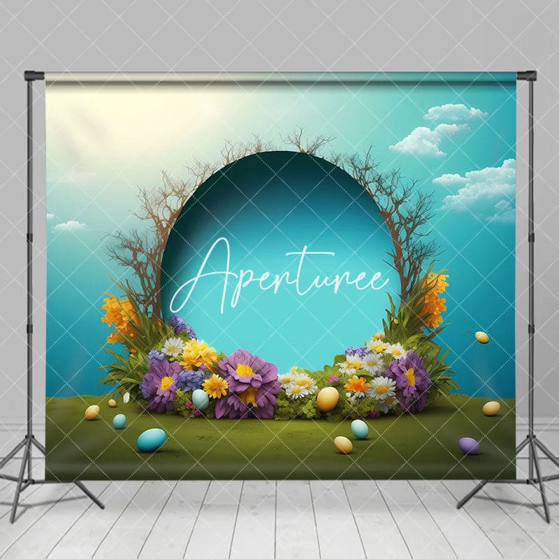 Aperturee - Aperturee Blue Sky Clouds Sunny Eggs Floral Easter Backdrop