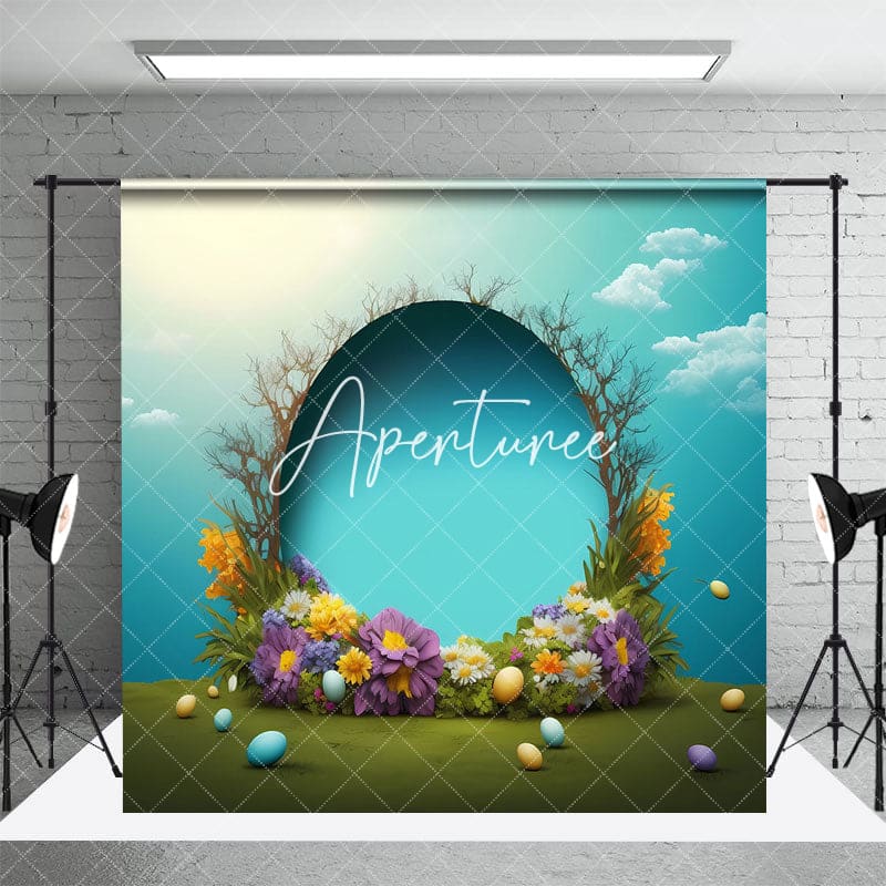 Aperturee - Aperturee Blue Sky Clouds Sunny Eggs Floral Easter Backdrop