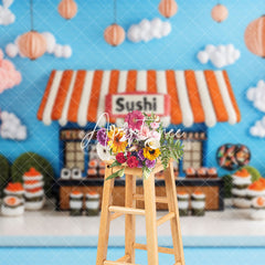 Aperturee - Aperturee Blue Sky Clouds Trees Sushi Store Cake Smash Backdrop