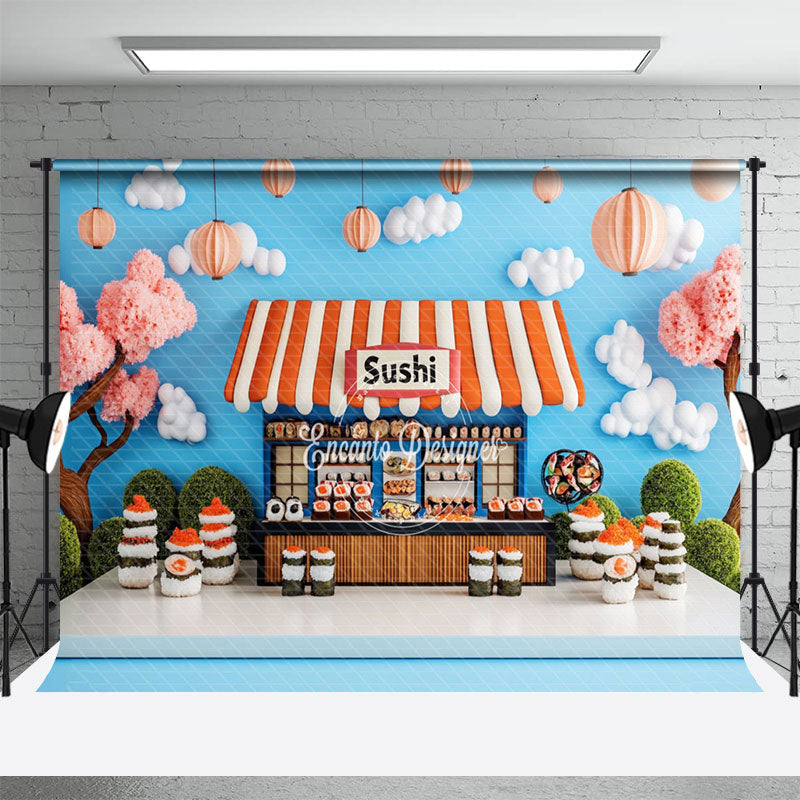 Aperturee - Aperturee Blue Sky Clouds Trees Sushi Store Cake Smash Backdrop