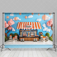 Aperturee - Aperturee Blue Sky Clouds Trees Sushi Store Cake Smash Backdrop