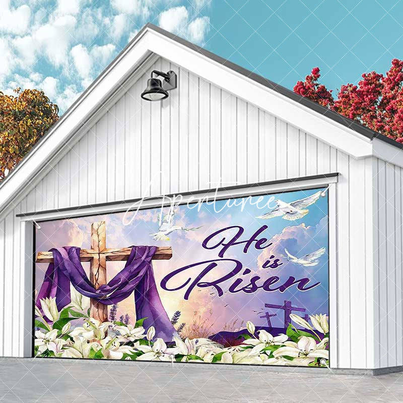 Aperturee - Aperturee Blue Sky He Is Risen Cross Easter Garage Door Banner