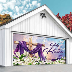 Aperturee - Aperturee Blue Sky He Is Risen Cross Easter Garage Door Banner