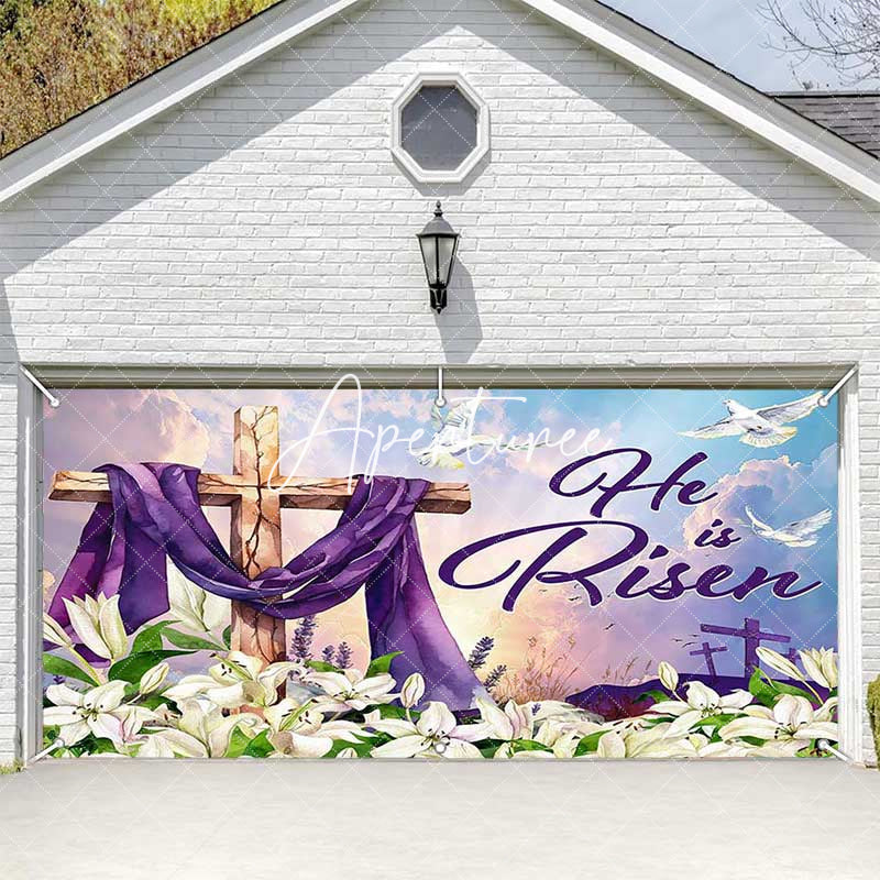 Aperturee - Aperturee Blue Sky He Is Risen Cross Easter Garage Door Banner