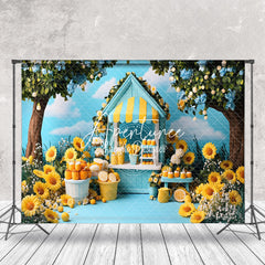 Aperturee - Aperturee Blue Sky Lemonade Stand Floral Summer Photo Backdrop