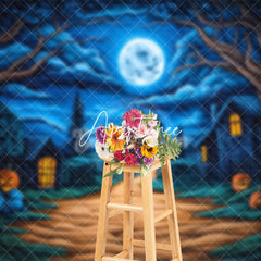 Aperturee - Aperturee Blue Sky Moon Night Pumpkin Halloween Photo Backdrop