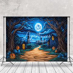 Aperturee - Aperturee Blue Sky Moon Night Pumpkin Halloween Photo Backdrop