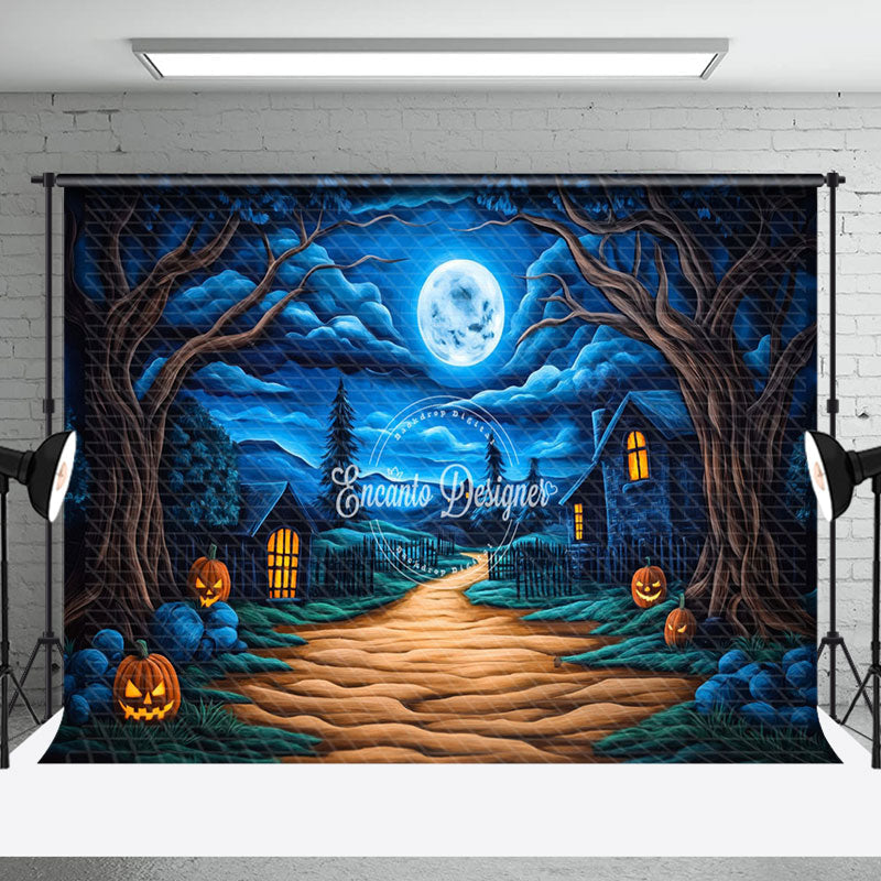 Aperturee - Aperturee Blue Sky Moon Night Pumpkin Halloween Photo Backdrop