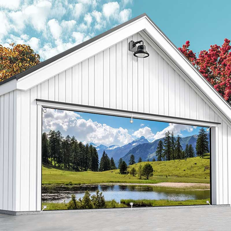 Aperturee - Aperturee Blue Sky Mountain Grassland Lake Garage Door Banner