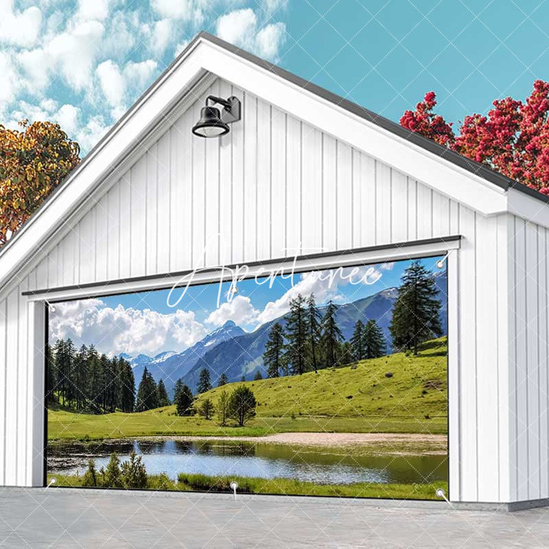 Aperturee - Aperturee Blue Sky Mountain Grassland Lake Garage Door Banner