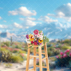 Aperturee - Aperturee Blue Sky Mountain Sand Floral Wonderland Backdrop