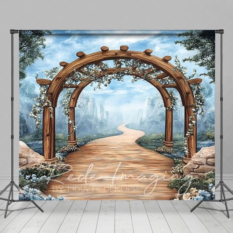 Aperturee - Aperturee Blue Sky Mountain Spring Floral Arch Photo Backdrop