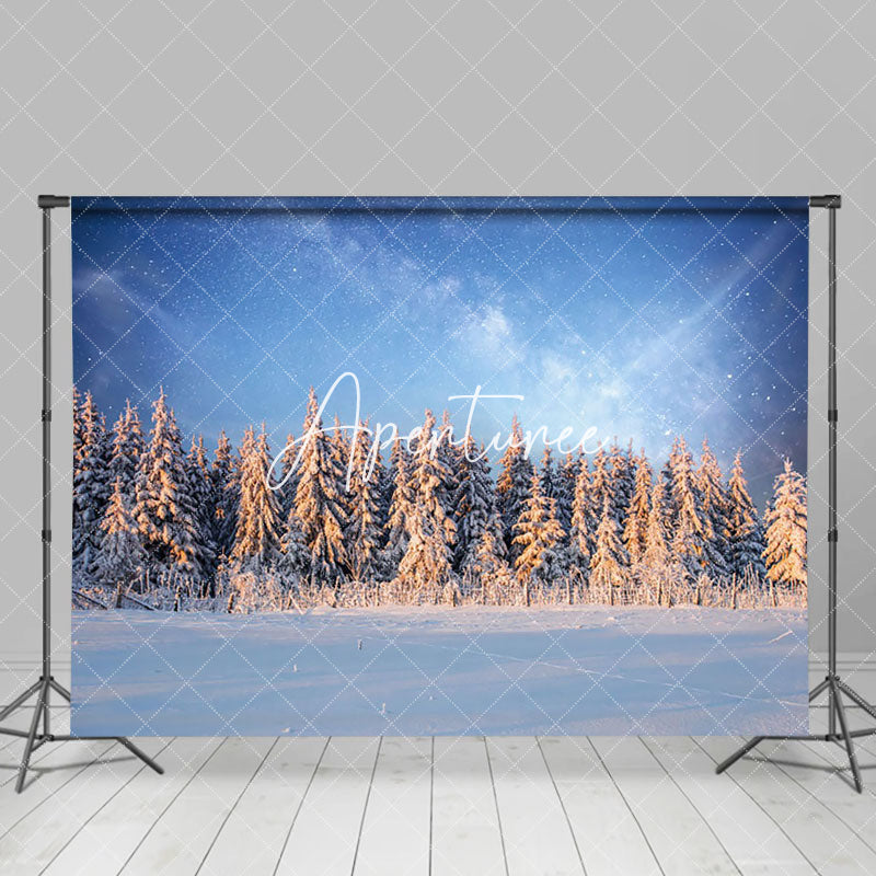 Aperturee - Aperturee Blue Sky Star Sunrise Snowy Forest Winter Backdrop