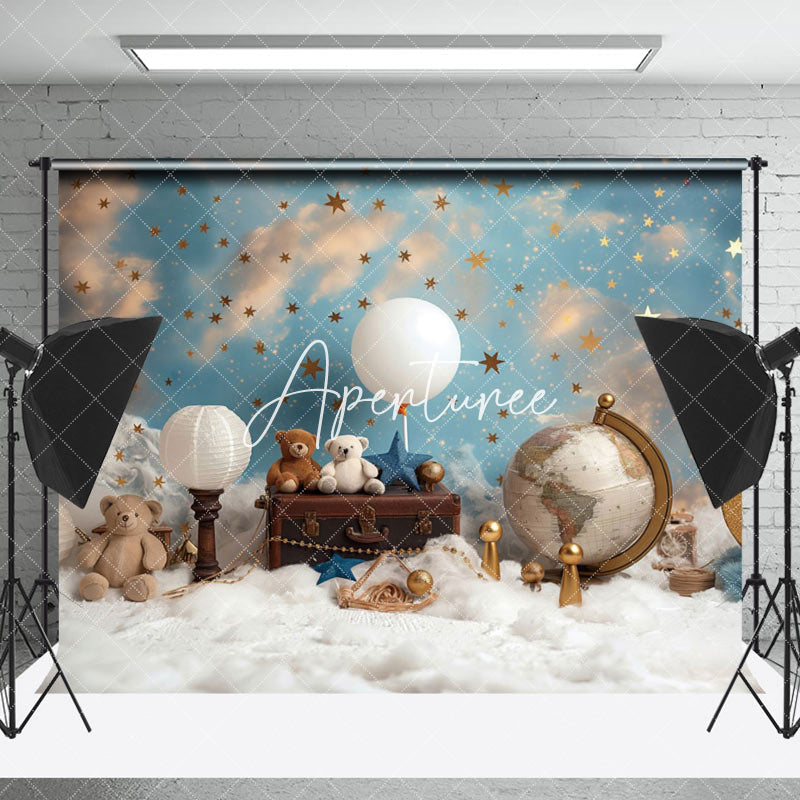 Aperturee - Aperturee Blue Sky Stars Globe Bears Photography Backdrop For Kids