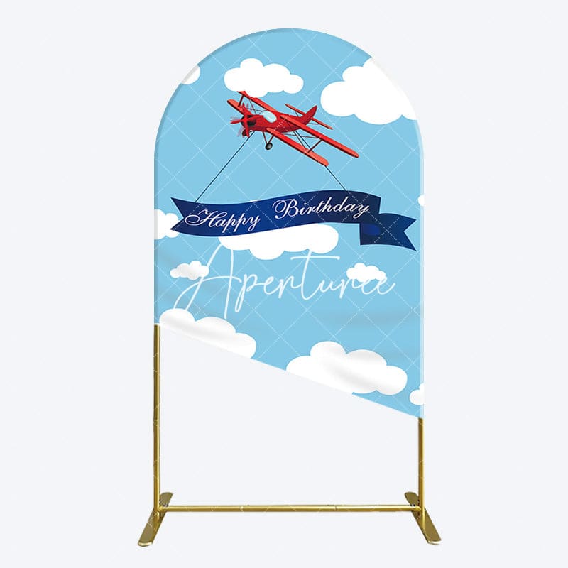 Aperturee - Aperturee Blue Sky White Cloud Airplane Birthday Arch Backdrop