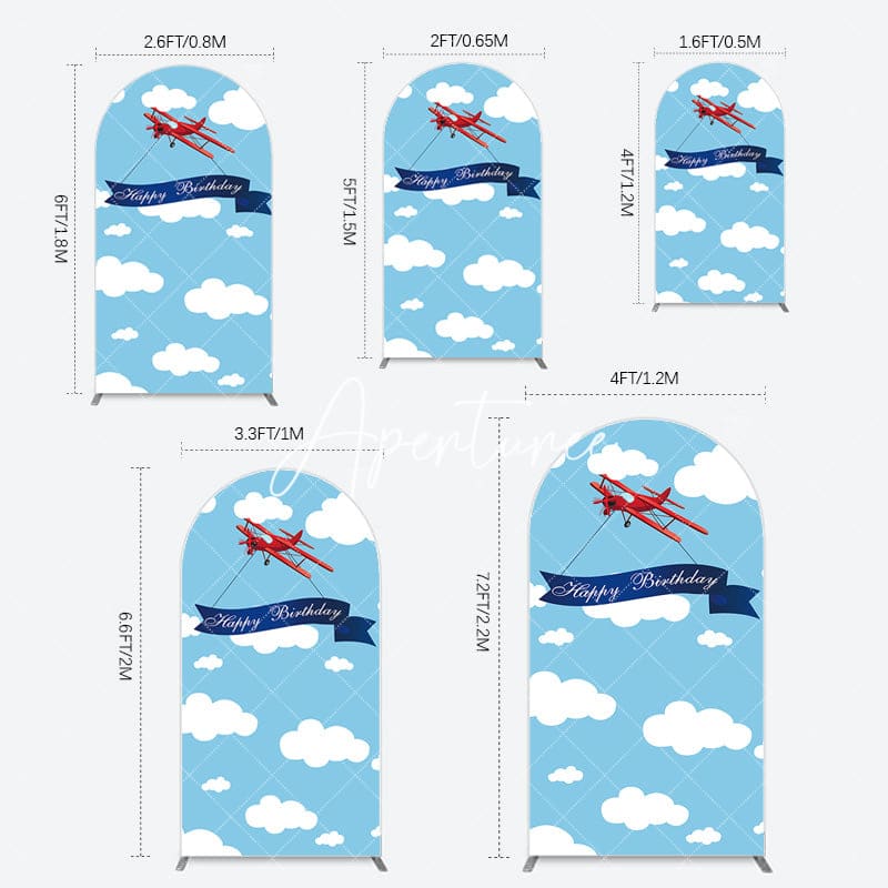 Aperturee - Aperturee Blue Sky White Cloud Airplane Birthday Arch Backdrop