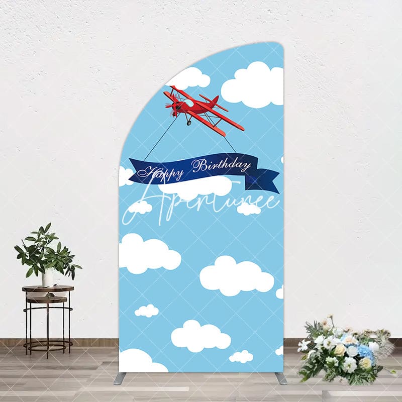 Aperturee - Aperturee Blue Sky White Cloud Airplane Birthday Half Moon Arch Backdrop