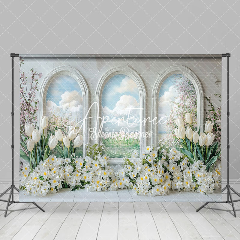 Aperturee - Aperturee Blue Sky Window Scene Floral Spring Photo Backdrop