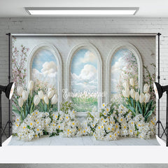 Aperturee - Aperturee Blue Sky Window Scene Floral Spring Photo Backdrop