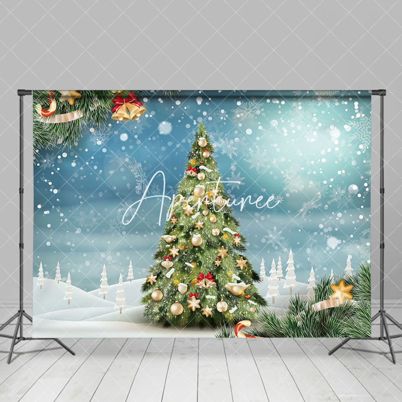 Aperturee - Aperturee Blue Snowflake Bell Pine Tree Christmas Backdrop