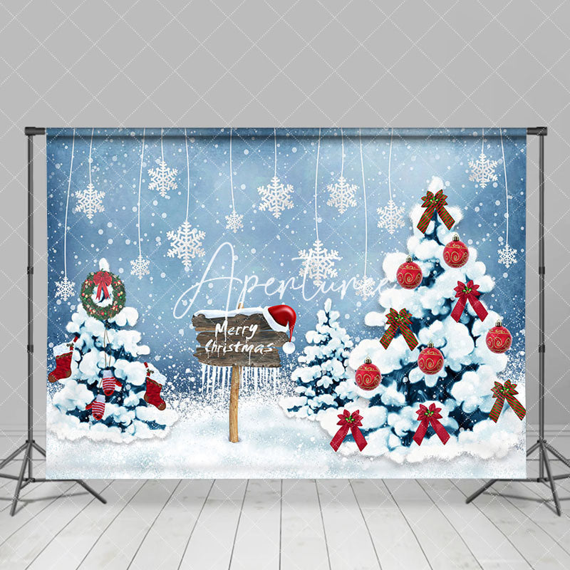 Aperturee - Aperturee Blue Snowflakes Wreath Pine Tree Christmas Backdrop