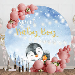 Aperturee - Aperturee Blue Snowy A Sweet Baby Boy Penguin Round Backdrop