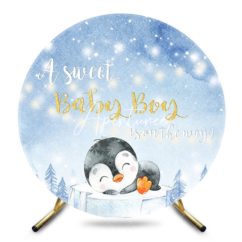 Aperturee - Aperturee Blue Snowy A Sweet Baby Boy Penguin Round Backdrop