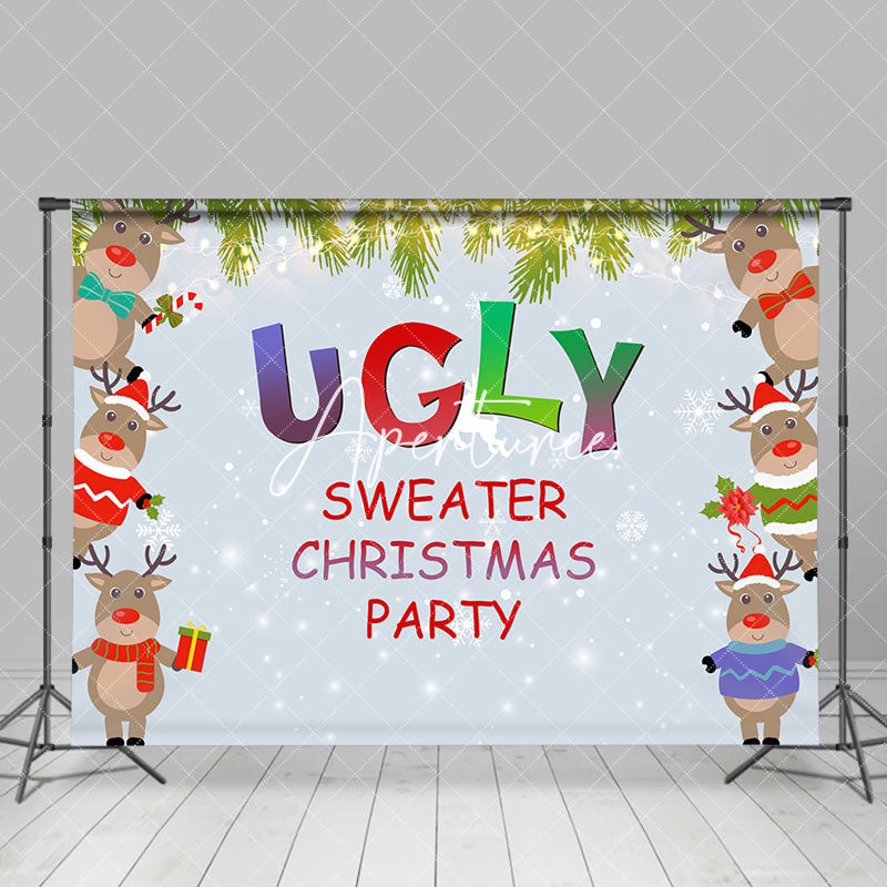 Aperturee - Aperturee Blue Snowy Elk Ugly Sweater Christmas Party Backdrop