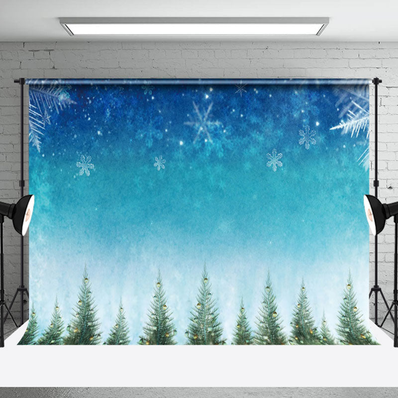 Aperturee - Aperturee Blue Snowy Night Snowflake Trees Christmas Backdrop