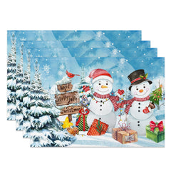 Aperturee - Aperturee Blue Snowy Tree Snowman Christmas Set Of 4 Placemats