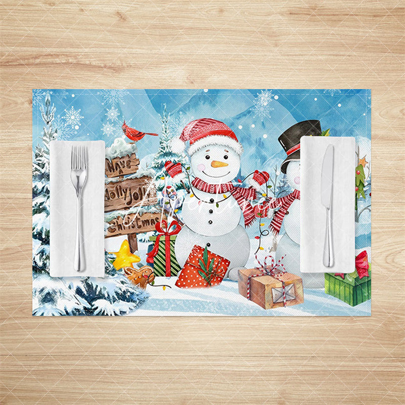 Aperturee - Aperturee Blue Snowy Tree Snowman Christmas Set Of 4 Placemats