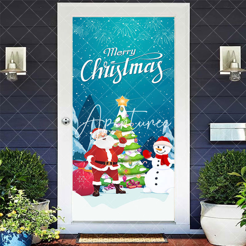 Aperturee - Aperturee Blue Star Night Snowman Merry Christmas Door Cover