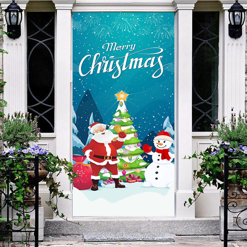 Aperturee - Aperturee Blue Star Night Snowman Merry Christmas Door Cover