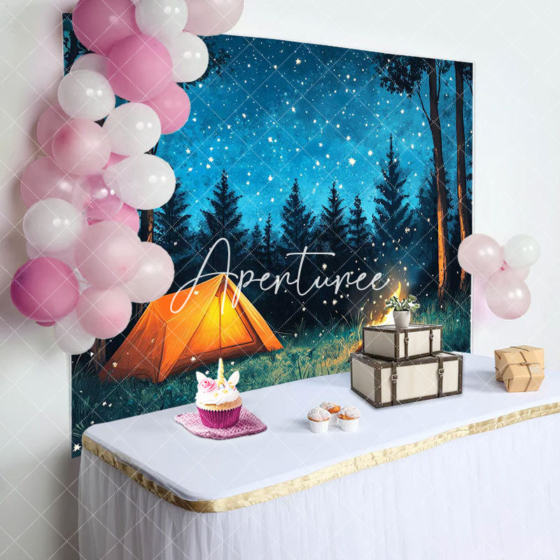 Aperturee - Aperturee Blue Starry Night Forest Camping Birthday Backdrop