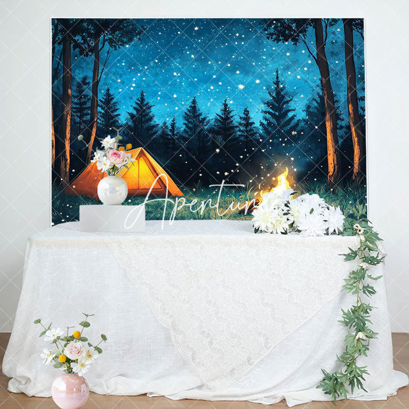 Aperturee - Aperturee Blue Starry Night Forest Camping Birthday Backdrop