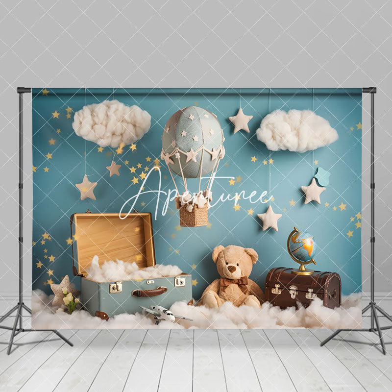 Aperturee - Aperturee Blue Starry Night Luggage Bear Cake Smash Backdrop