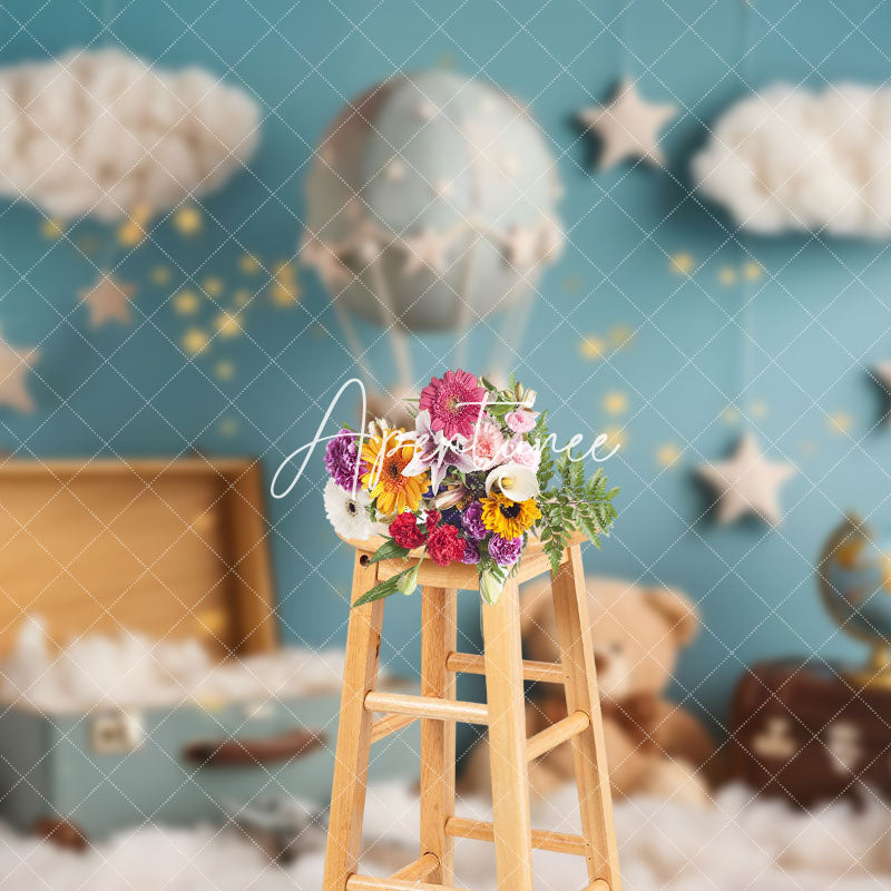 Aperturee - Aperturee Blue Starry Night Luggage Bear Cake Smash Backdrop