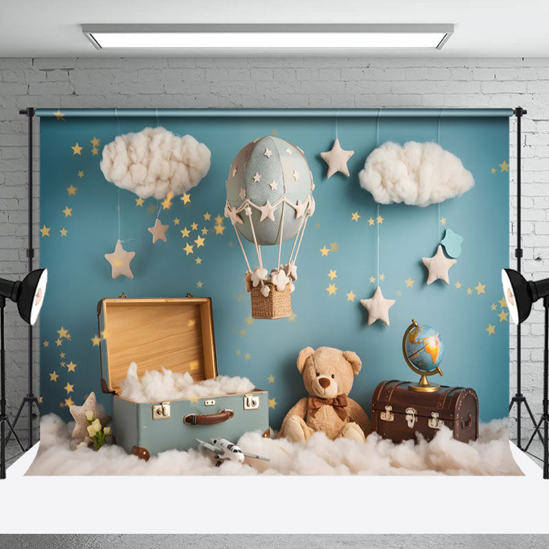 Aperturee - Aperturee Blue Starry Night Luggage Bear Cake Smash Backdrop