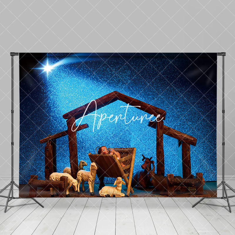 Aperturee - Aperturee Blue Starry Night Shed Nativity Christmas Backdrop