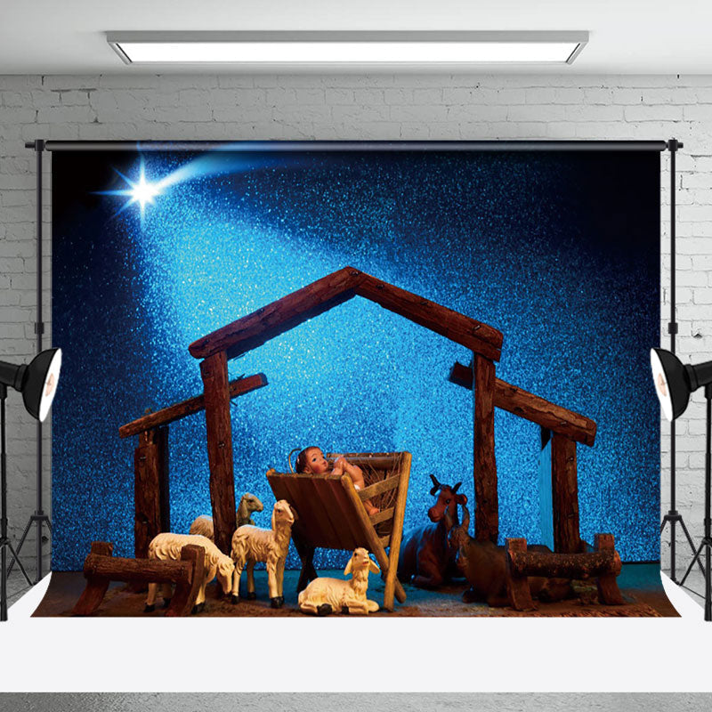 Aperturee - Aperturee Blue Starry Night Shed Nativity Christmas Backdrop