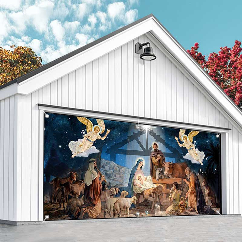 Aperturee - Aperturee Blue Starry Night Shed Nativity Garage Door Banner