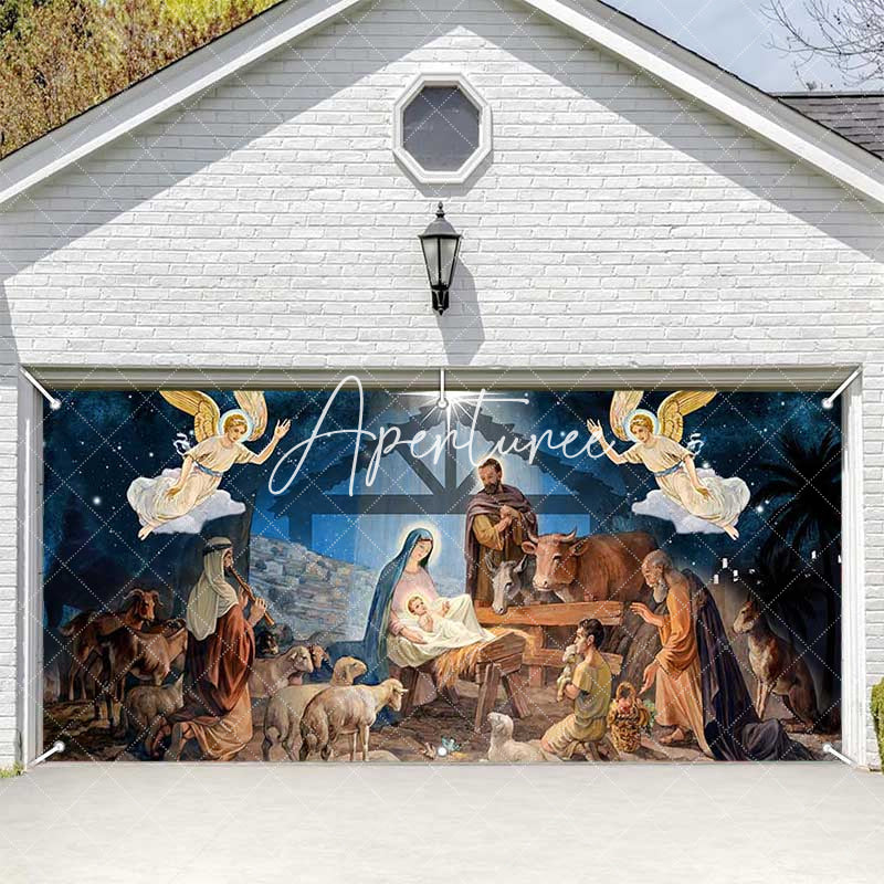 Aperturee - Aperturee Blue Starry Night Shed Nativity Garage Door Banner