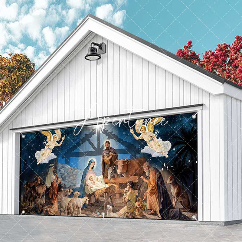 Aperturee - Aperturee Blue Starry Night Shed Nativity Garage Door Banner