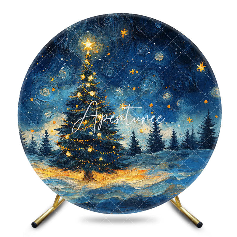 Aperturee - Aperturee Blue Starry Night Sky Trees Round Christmas Backdrop